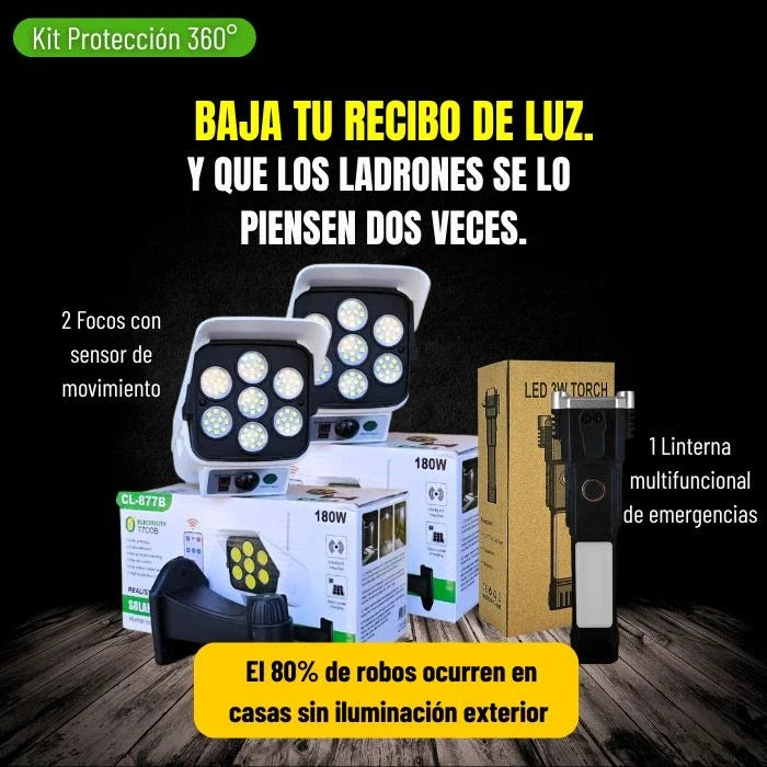KIT PROTECCIÓN - 2 FOCOS SOLARES + 1 LINTERNA EXTREMA